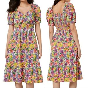 NYC Floral Puff Sleeve Midi Dress Medium Smocking Flattering Feminine Party